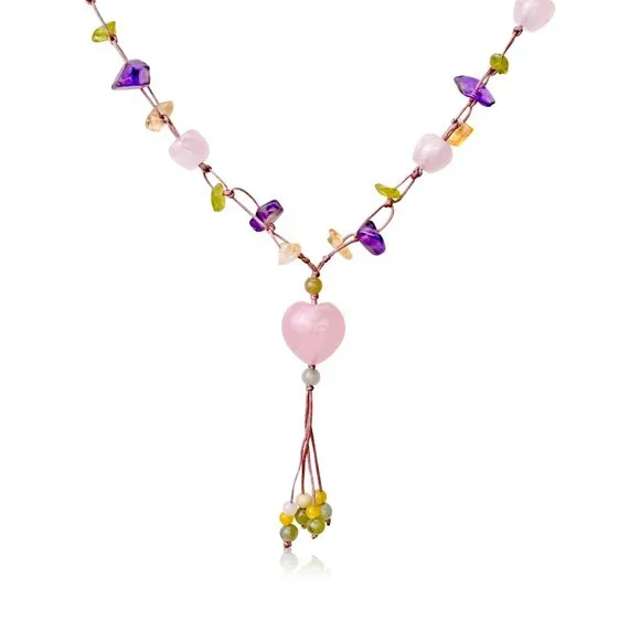 Playful Rose Quartz Hearts Gemstones Necklace Pendant - Picture 3 of 3